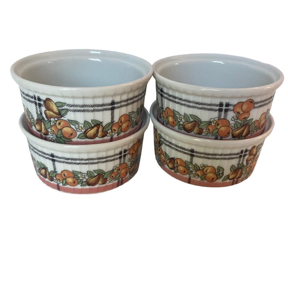 Vintage Pillivuyt Porcelain Ramekins Fruit Pattern Set of 4 Made in France 3.5in